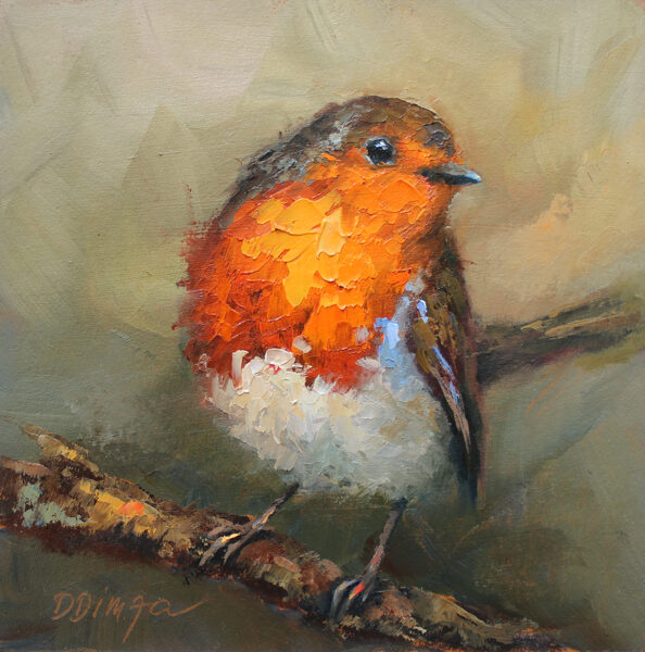 (SOLD) Robin bird original oil painting by Daiga Dimza Handmade Bird Wall art Fine gift for her Miniature artwork