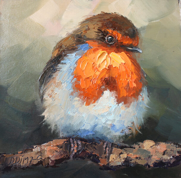 (SOLD) Robin bird original oil painting by Daiga Dimza bright colorful abstract art artwork home wall decor hanging miniature small modern gift