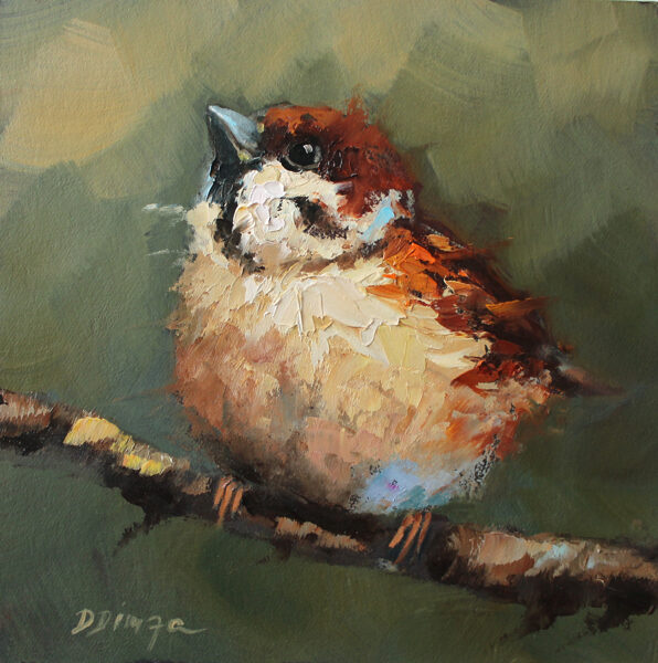 (SOLD) Sparrow Bird, Oil Painting on Canvas Cardboard by Daiga Dimza, 15 x 15 cm