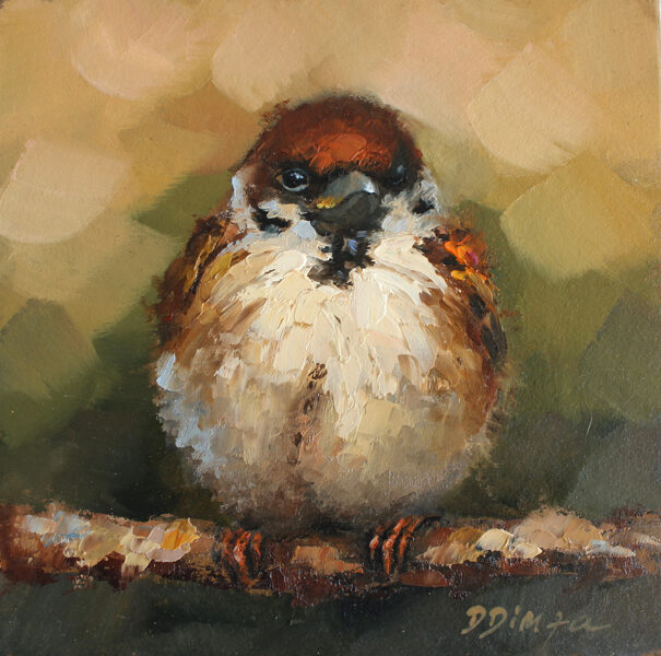 (SOLD) Sparrow bird oil original painting on cardboard Texture Art by Daiga Dimza Wall art fine gift for her Miniature artwork