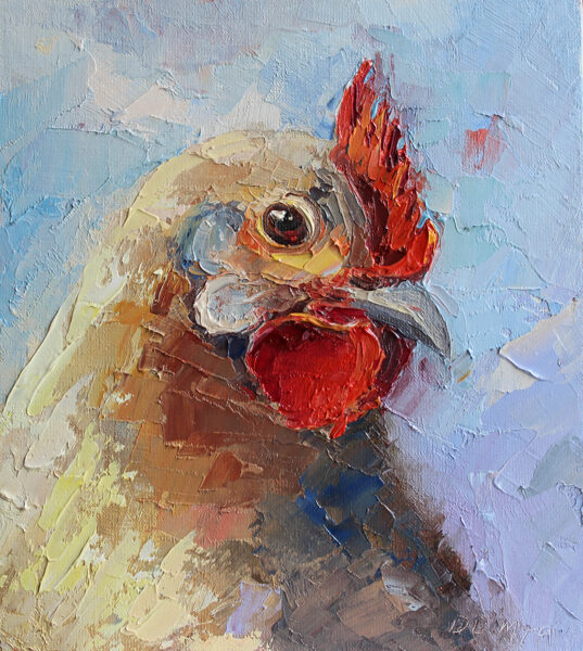 (SOLD) Chicken, Oil Painting on Canvas, Size: 20 X 18 cm, ships in a box