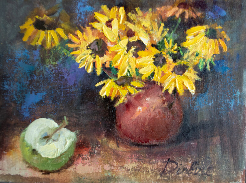 Sunflowers on Table, Oil Painting on Canvas, 18 x 24 cm
