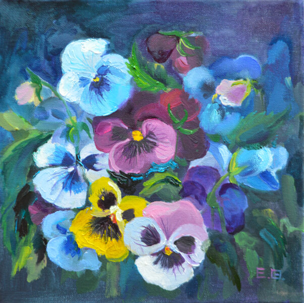 ( Sold) Viola Blooming Spring Flowers, Small Oil Painting on Canvas, 30 x 30 cm
