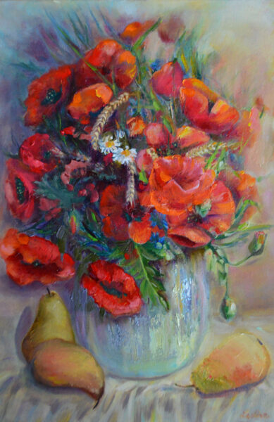 Poppies and Pears, Oil Painting on Canvas, 60 x 40 cm