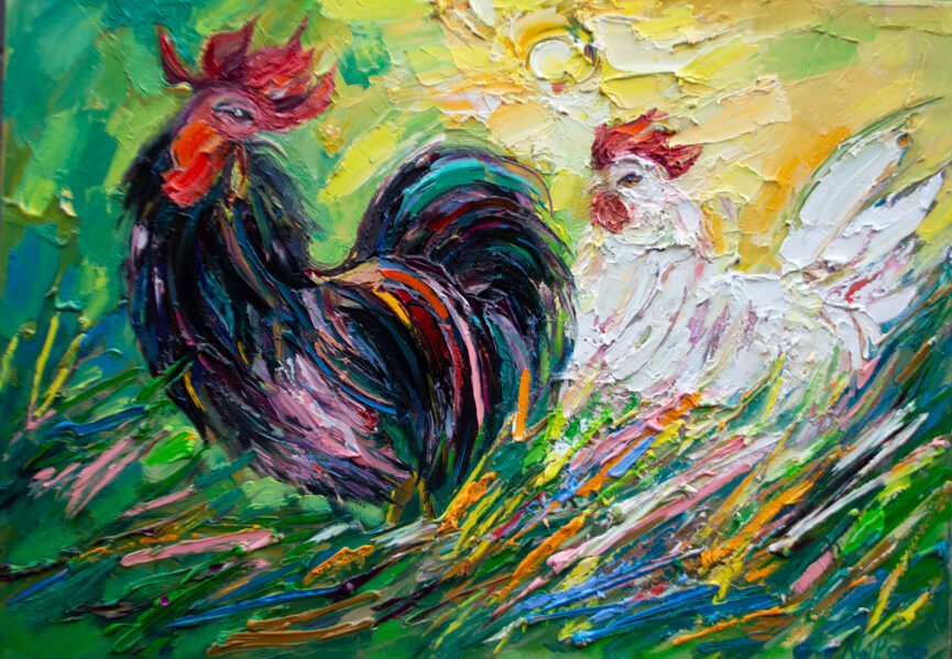 A Rooster and a Chicken, Oil Painting on Canvas, 50 x 70 cm