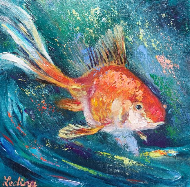 (SOLD) Koi Fish, Oil Painting on Canvas, 20 X 20cm