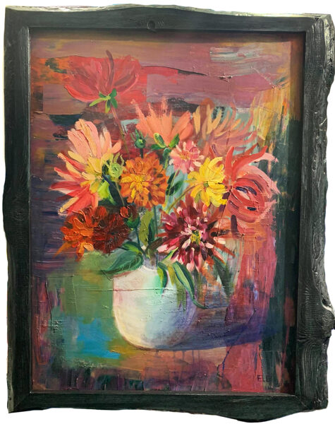 (sold) Dahlias Flowers, Oil Painting on Veneer, 60 x 80cm