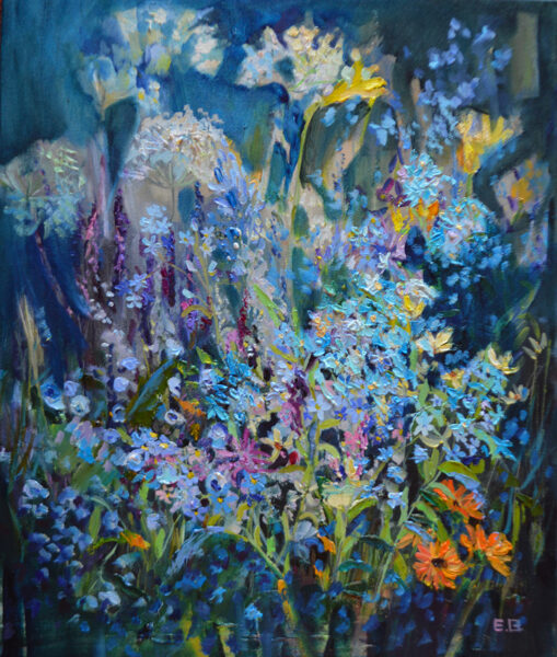 (Sold) Blue Garden Flowers, Oil Painting on Canvas, 50 x 60 cm
