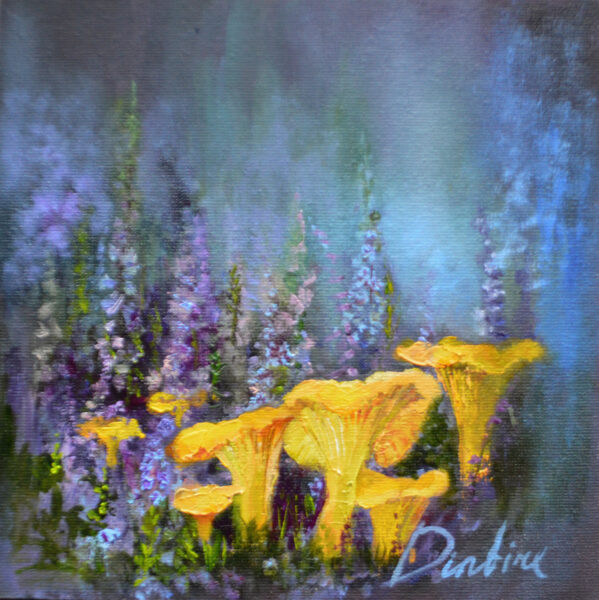 (SOLD) Chanterelle Mushrooms, Oil Painting on Cardboard Canvas, 20 x 20 cm