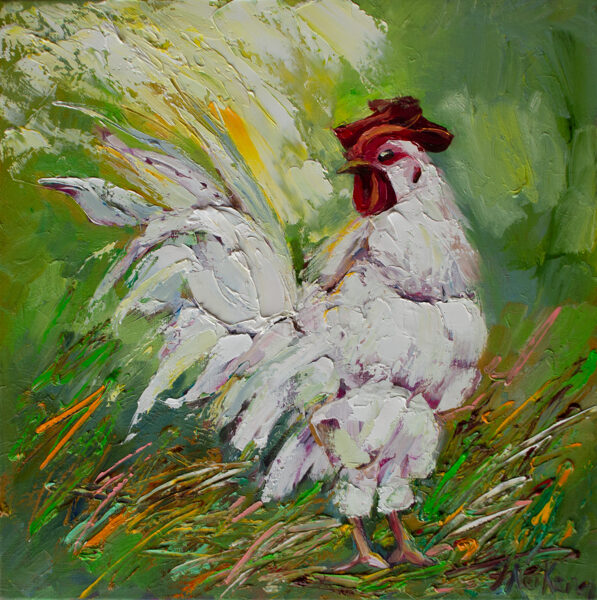 (SOLD) Rooster Bird, Oil Painting on Canvas, 60 x 60 cm