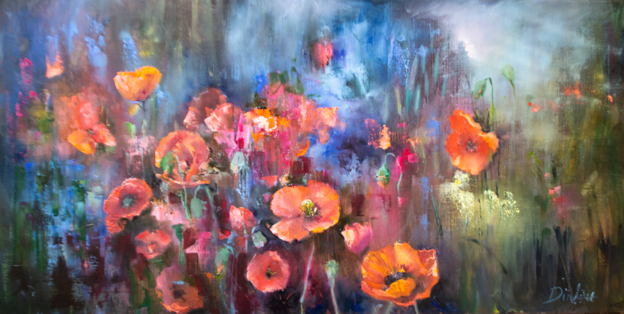 Poppy Flowers ,Oil Painting on Canvas, 100 x 50 cm
