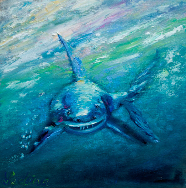 (SOLD) Shark in the Waters, Oil Painting on Canvas, 20 x 20 cm