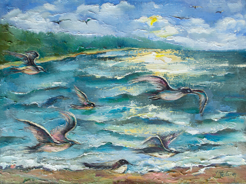 Seagulls and the Sea, Oil Panting on Canvas, 80 x 60 cm