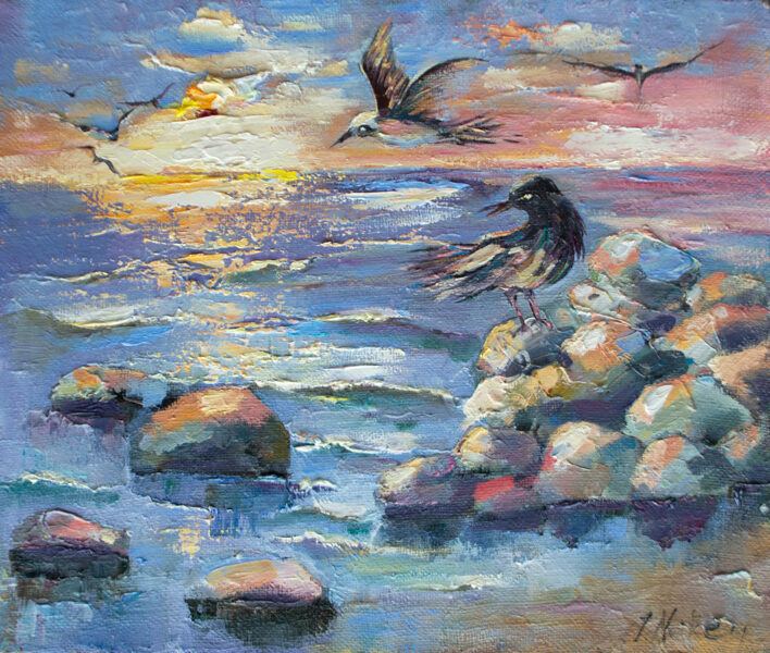 Kaijas un Jūra, Eļļas Glezna uz Audekla, 50 x 60 cm