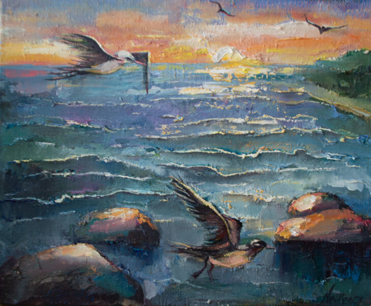 Seagulls and the Sea, Oil Panting on Canvas, 47 x 58 cm