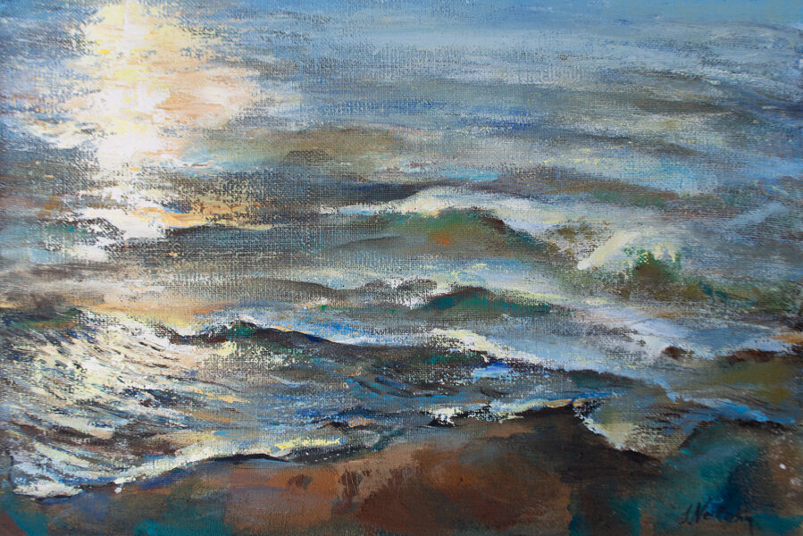 Sun in Sea, Oil Painting on Canvas, Size: 60 X 90 cm, ships in a box