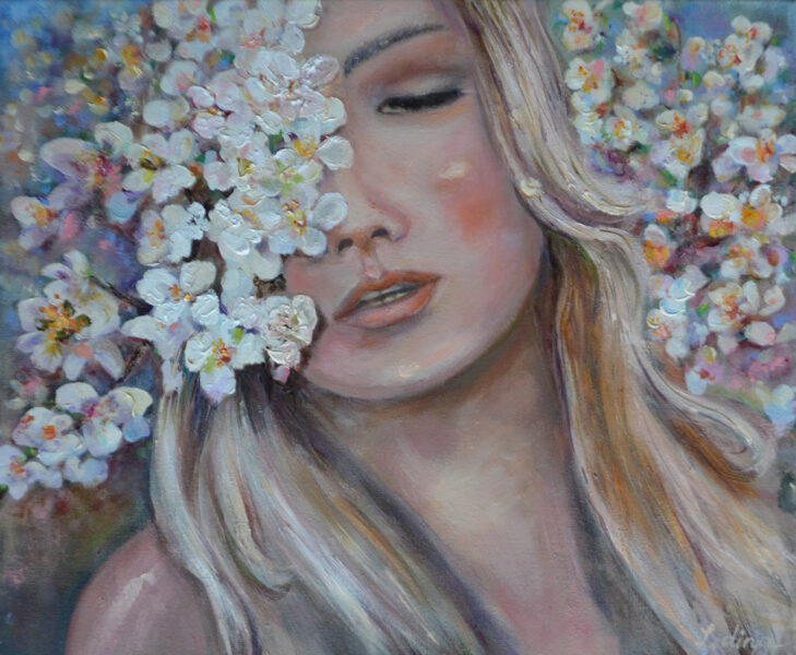 Woman Flowers Portrait, Oil Painting on Canvas, 38 x 46 cm