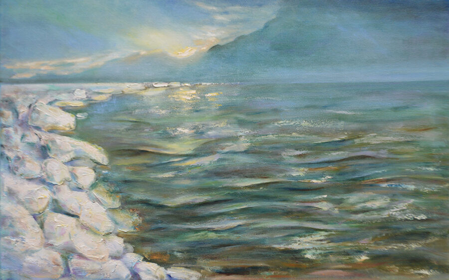 (SOLD) White Sea Rocks, Oil Painting on Canvas, Size: 50 X 80 cm, ships in a box