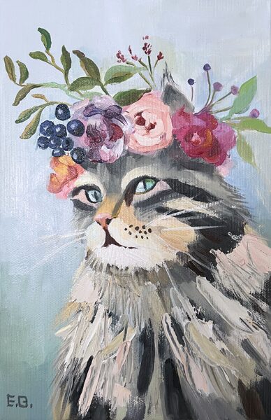 (SOLD) Cat With Flowers, Oil Painting on Canvas, 30 x 20 cm