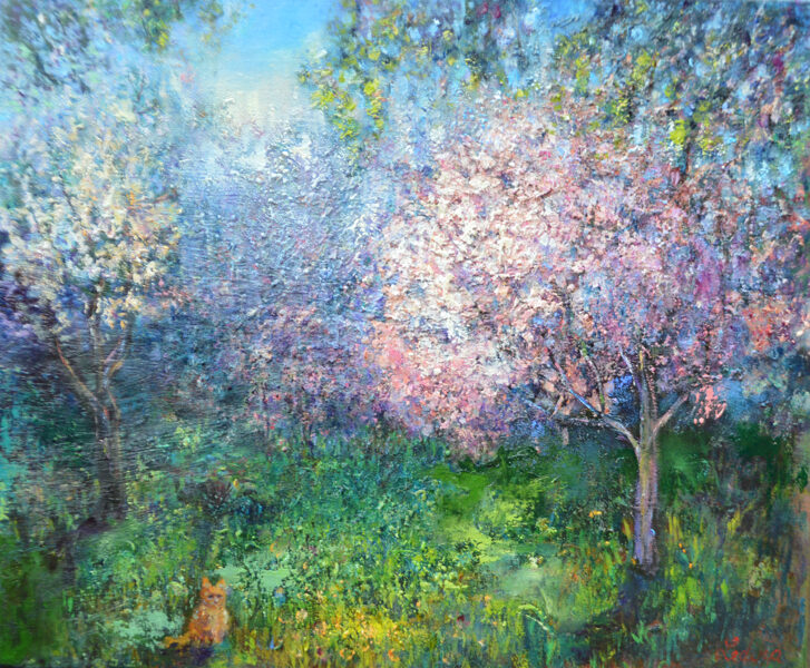 (SOLD) Garden and a Cat, Oil Painting on Canvas, 50 x 60 cm