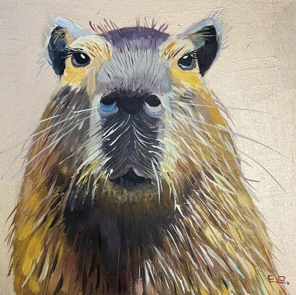 (SOLD) Capybara on Golden Background, Oil Painting on Wood, 20 x 20 cm