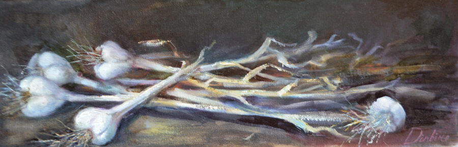 (SOLD) Garlic Still Life, Oil Painting on Canvas, 20 x 60 cm
