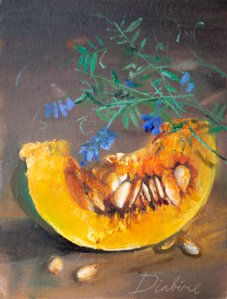 (SOLD) Pumpkin and Flower, Oil Painting on Canvas, 18 x 24 cm
