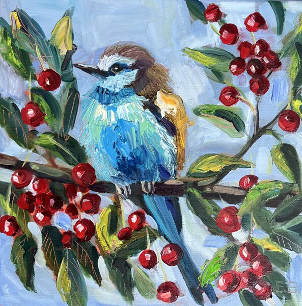 Sold Blue Bird in Cherry Blossoms, Oil Painting on Canvas, 30 x 30 cm