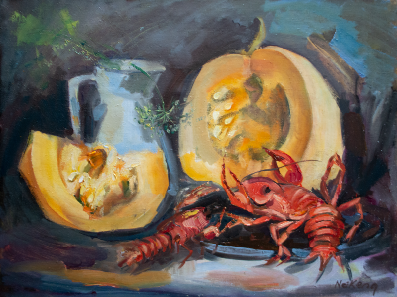 Pumpkins and Crawfish, Oil Painting on Canvas, 60 x 80 cm