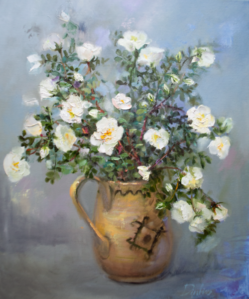 (SOLD) White Wild Roses, Oil Painting on Canvas, 60 x 50 cm