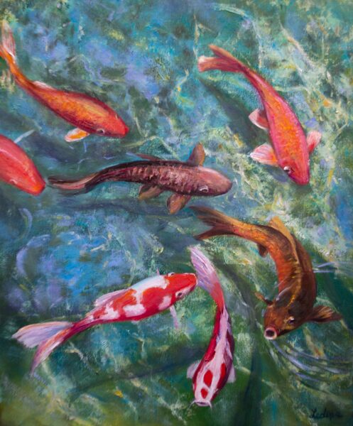 Koi Fishes, Oil Painting on Canvas, 60 x 50 cm