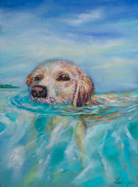 Retriever in the Water, Oil Painting on Canvas, 40 x 30 cm