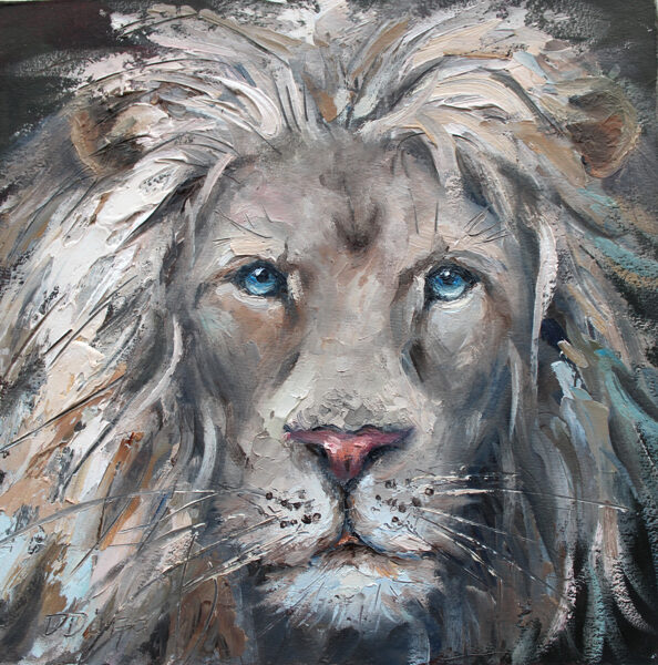 (SOLD) White Lion, Oil Painting on Canvas Cardboard by Daiga Dimza, 15 x 15 cm
