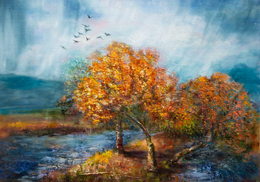 Mustard Tree Landscape, Oil Painting on Linen Canvas, 50 x 70 cm