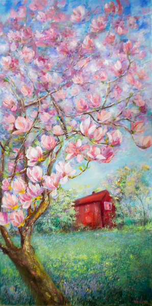 Magnolijas Koks, Eļļas Glezna uz Audekla, 100 x 50