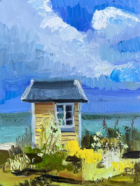 (SOLD) Small Yellow House by the Sea, Small Oil Painting