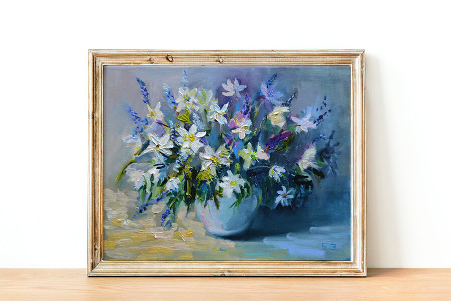 (SOLD) Blue and White Flowers, Oil Painting on Canvas, Size: 46 X 38 cm, ships in a box