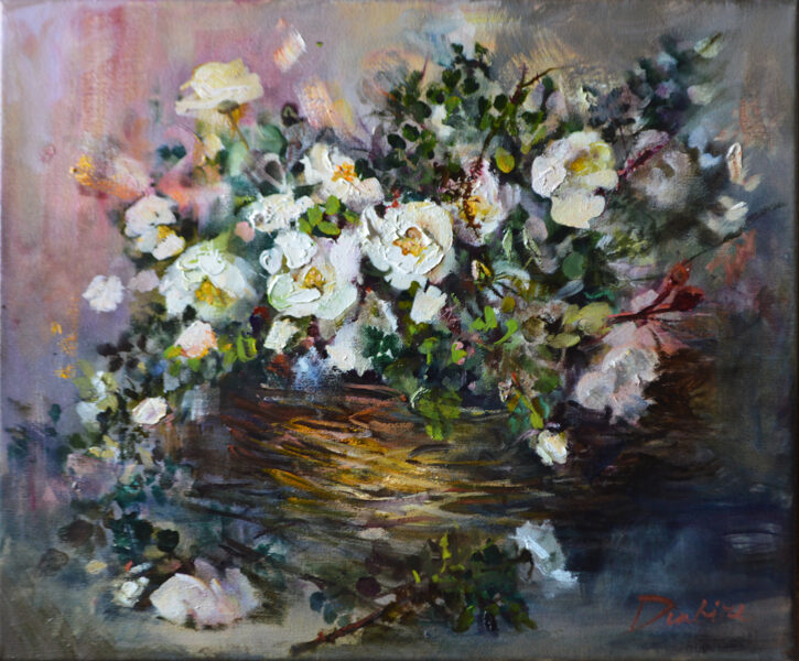 (SOLD) White Flowers, Oil Painting on Canvas, Size: 38 X 46 cm, ships in a box