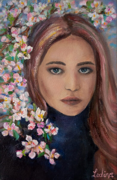 Woman Flowers Portrait, Oil Painting on Canvas, 30 x 20cm