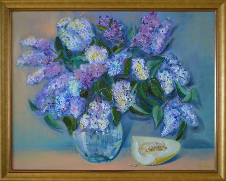 (SOLD) Flowers and a Melon, Oil Painting on Canvas, Size: 70 X 90 cm, ships in a box