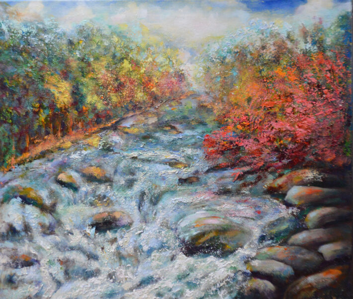 (SOLD) Forest and River, Oil Painting on Canvas, 60 X 70cm, painted by Inga Ledina