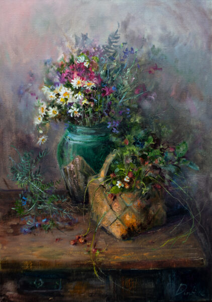 (SOLD) Baskets and Flowers, Oil Painting on Canvas, 70 X 50cm