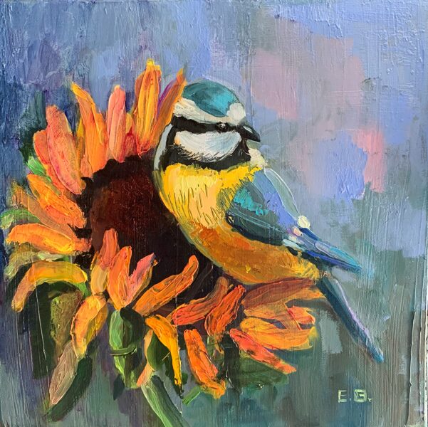 Blue Tit Bird on Sunflower, Oil Painting on Canvas, 30 x 30 cm