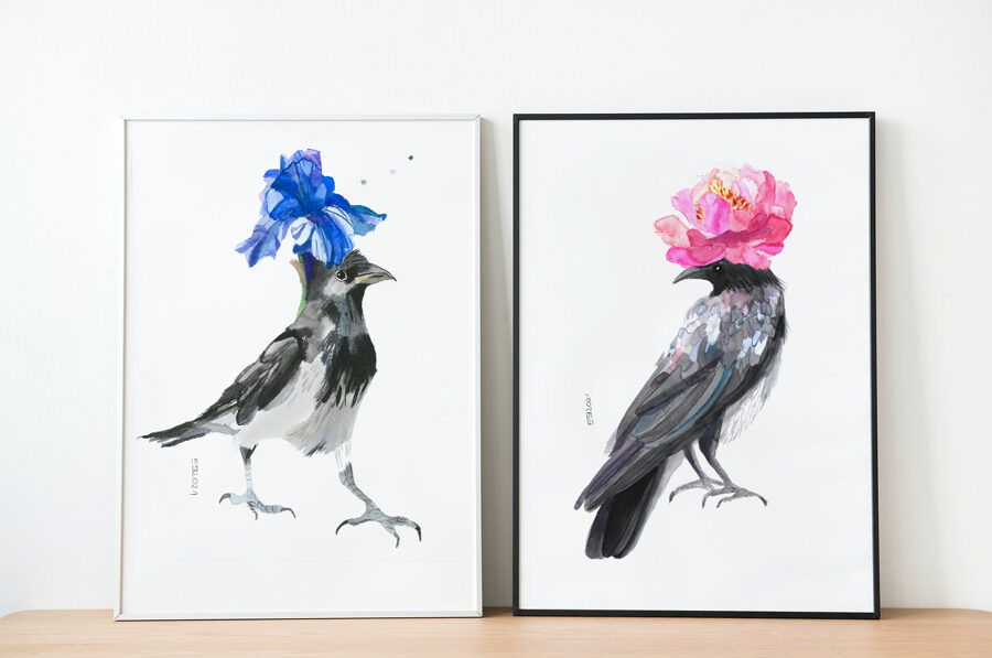 (SOLD) Crows, Set of 2 Prints from a Watercolors Painting, Size: 21 X 29,7 cm