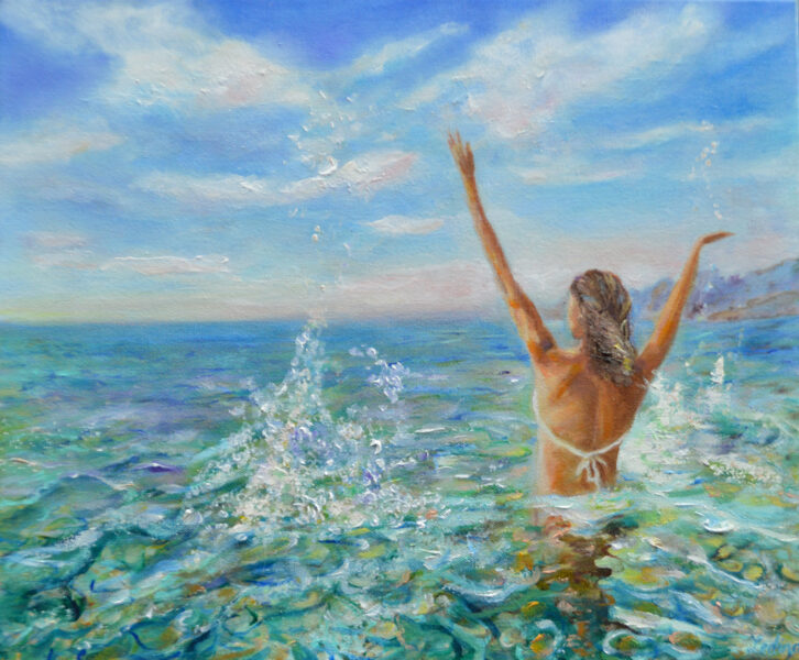 (SOLD) Woman in Sea, Oil Painting on Canvas, Size: 38 X 46 cm, ships in a box
