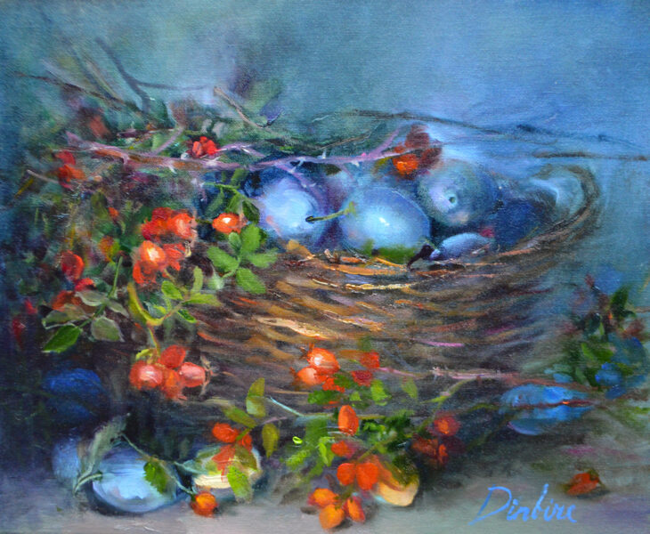 (SOLD) Plums Eggs, Oil Painting on Canvas, Size: 38 X 46 cm, ships in a box