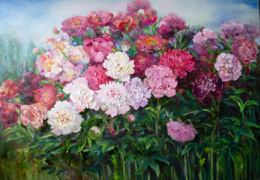 Red and White Peonies, Oil Painting on Canvas, 70 x 100 cm