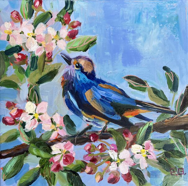 Zilais Putns Ābeļu Ziedos, Eļļas Glezna uz Audekla, 30 x 30 cm