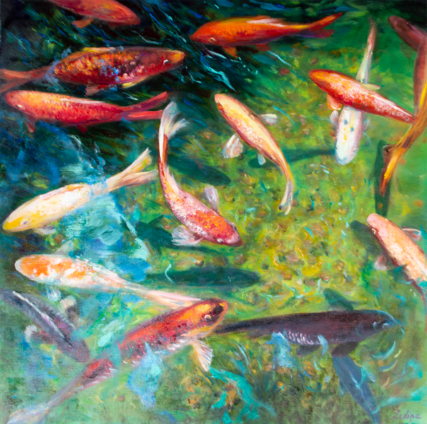 (SOLD) Koi Fish Pond, Oil Painting on Canvas, 70 X 70cm