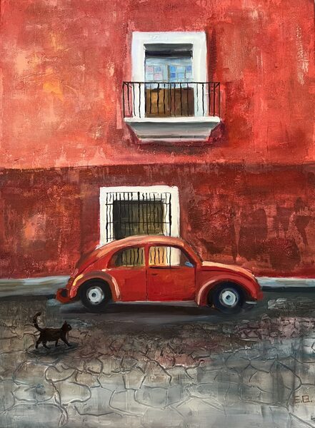 Red Car City, Oil Painting on Canvas, 80 x 69 cm